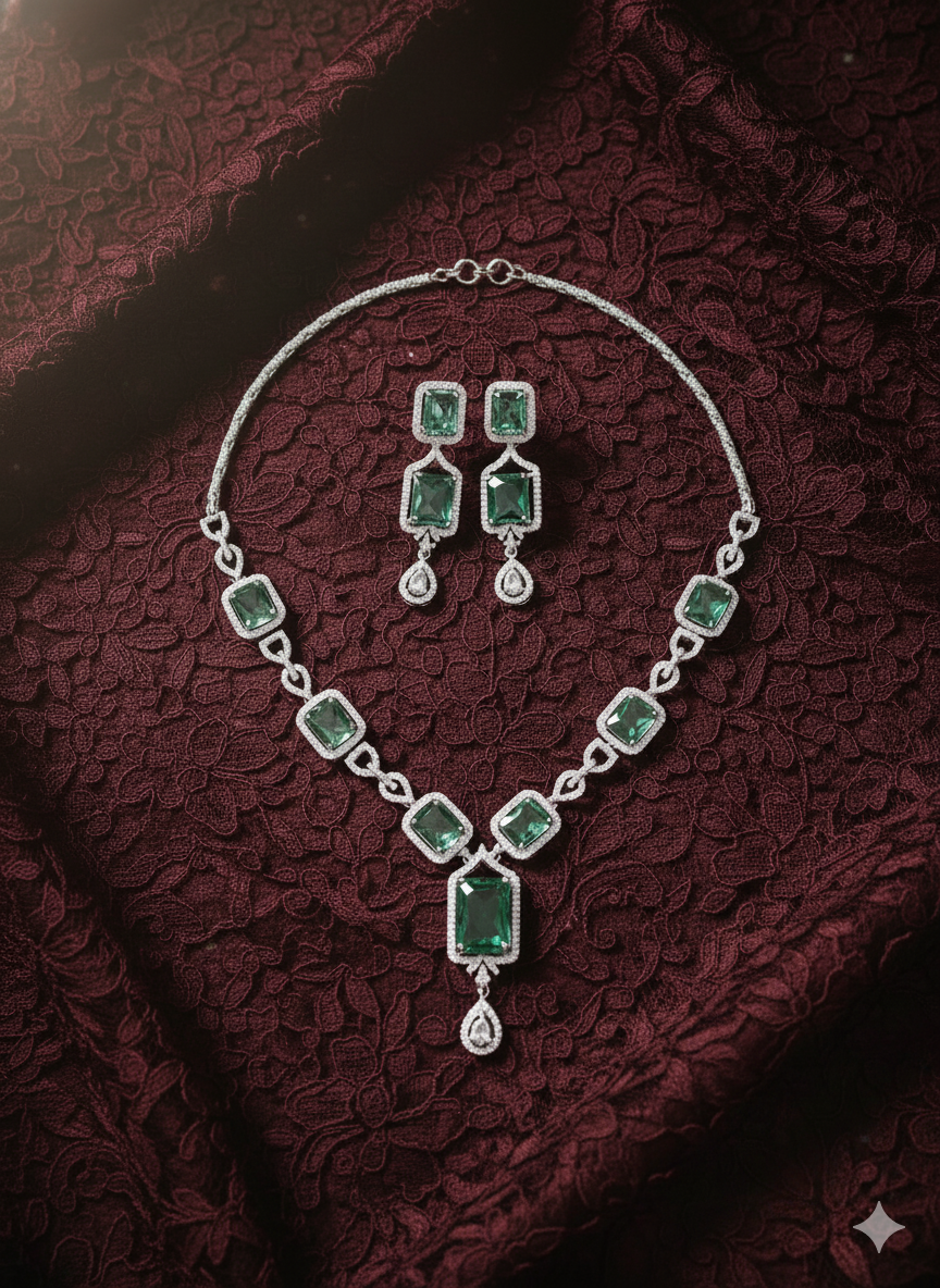 Ad Art Deco Emerald Necklace With Drop Earrings For Woman & Girls